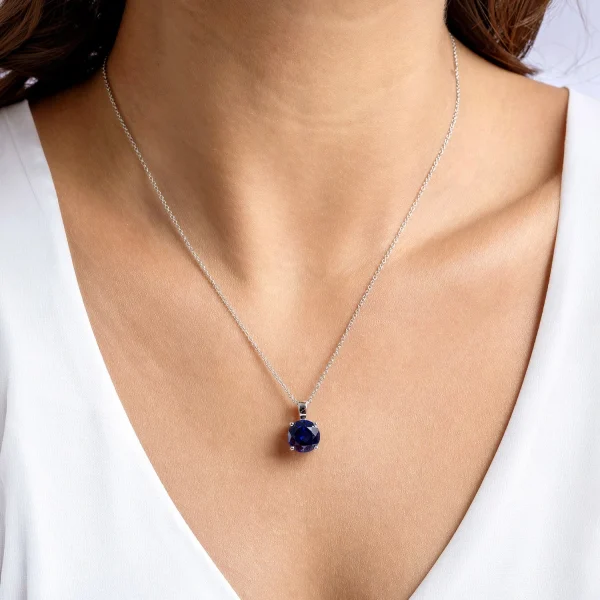 Round Lab-Grown Blue Sapphire Four-Prong Solitaire Necklace detail