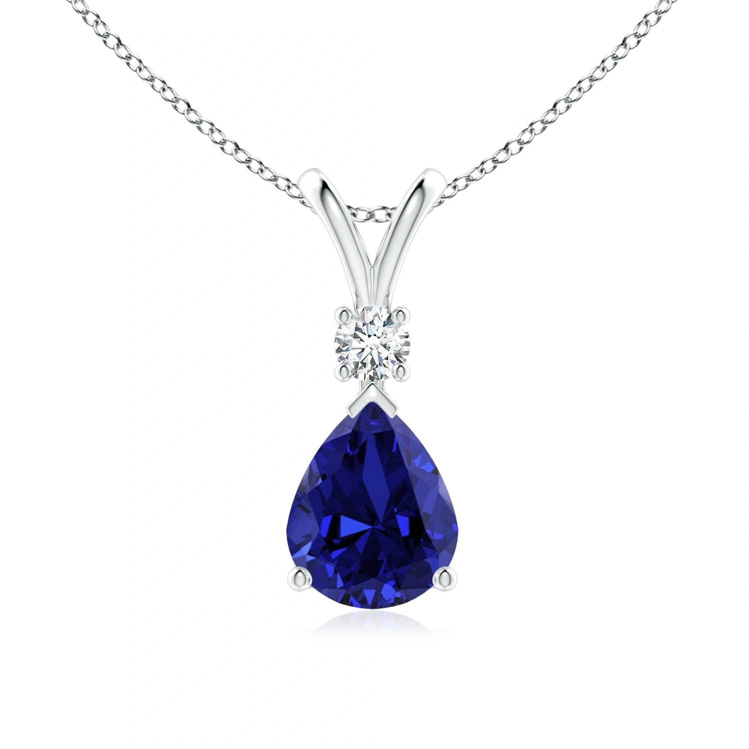 Pear-Shaped Lab-Grown Blue Sapphire V-Bale Necklace with Diamond Accent - main