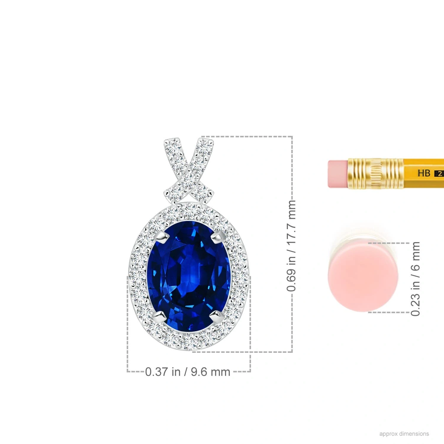 Oval Lab-Grown Sapphire Vintage Diamond Halo Pendant dimension
