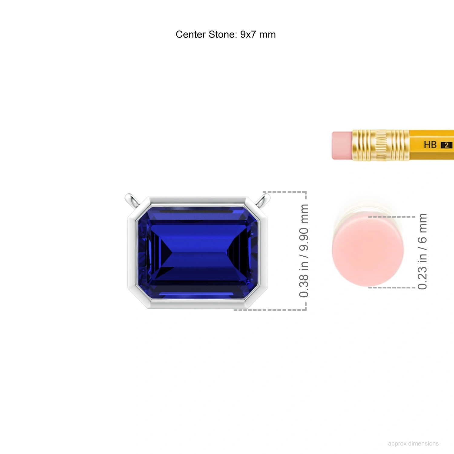 Horizontal Emerald-Cut Lab-Grown Blue Sapphire Bezel Pendant dimension