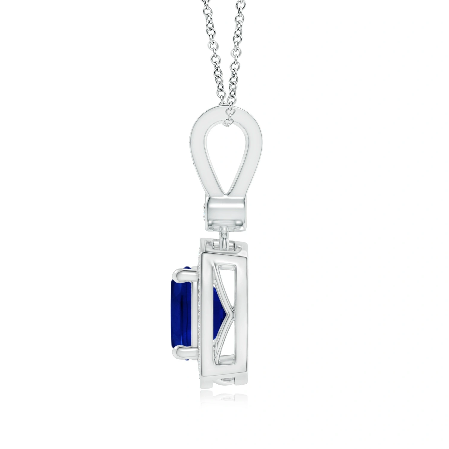 Cushion Lab-Grown Blue Sapphire Diamond Halo Pendant Necklace detail