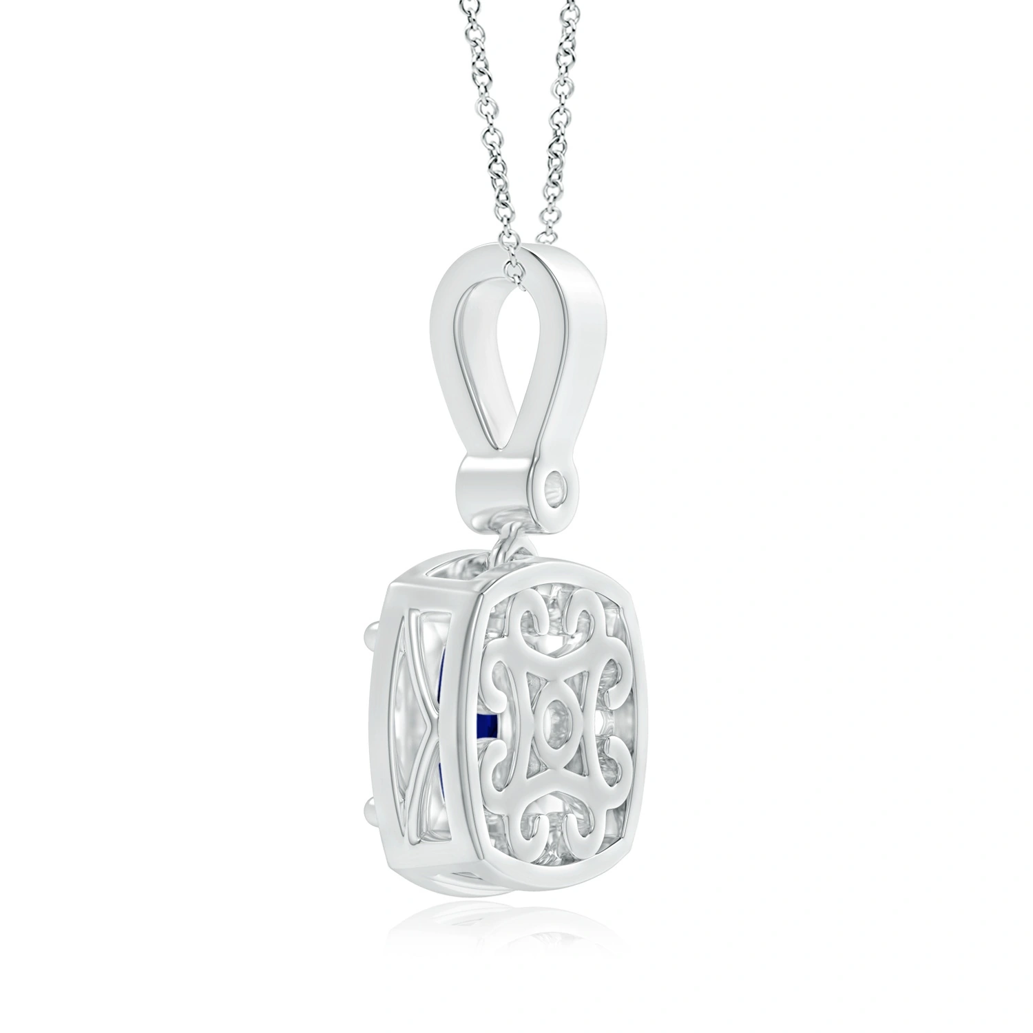 Cushion Lab-Grown Blue Sapphire Diamond Halo Pendant Necklace detail