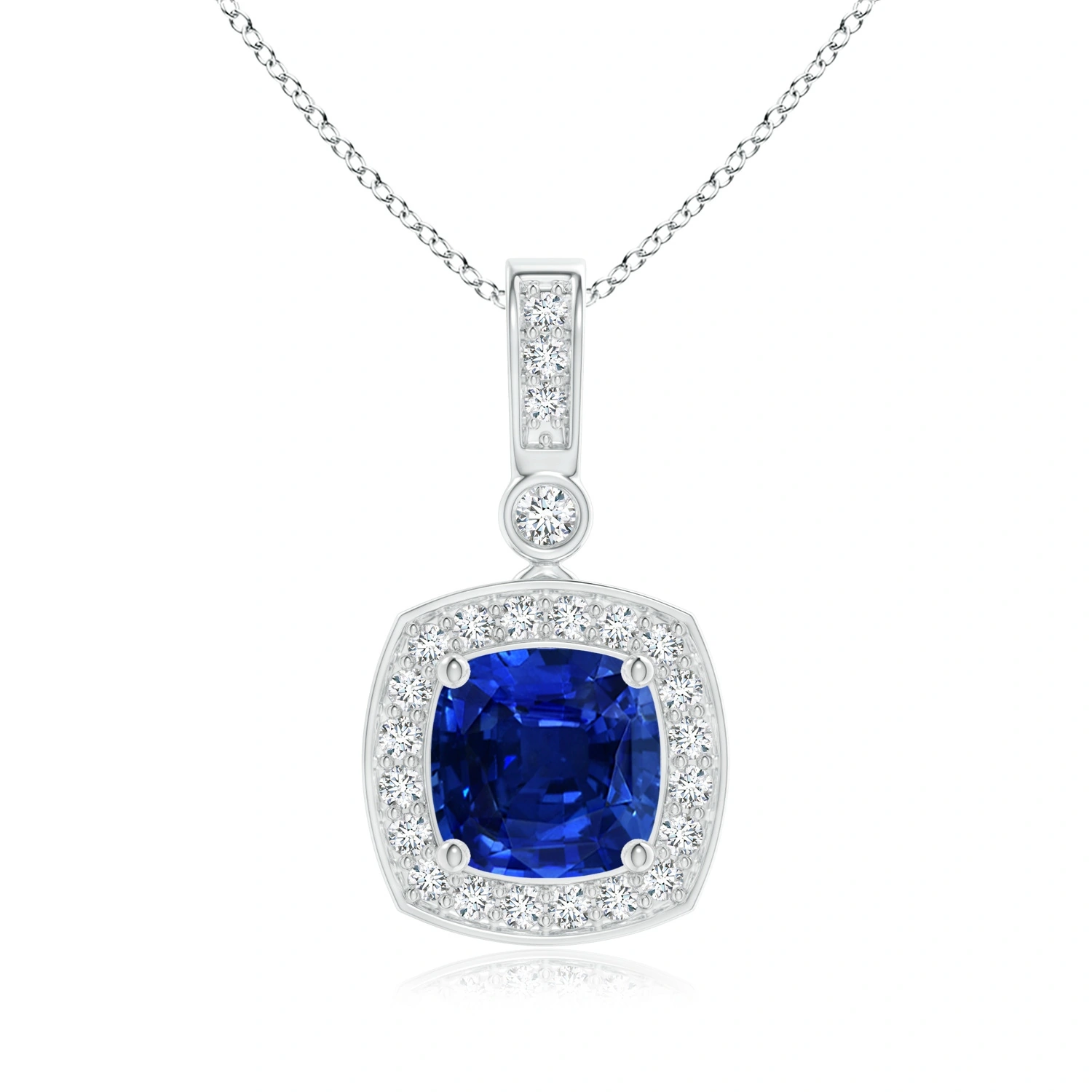 Cushion Lab-Grown Blue Sapphire Diamond Halo Pendant Necklace