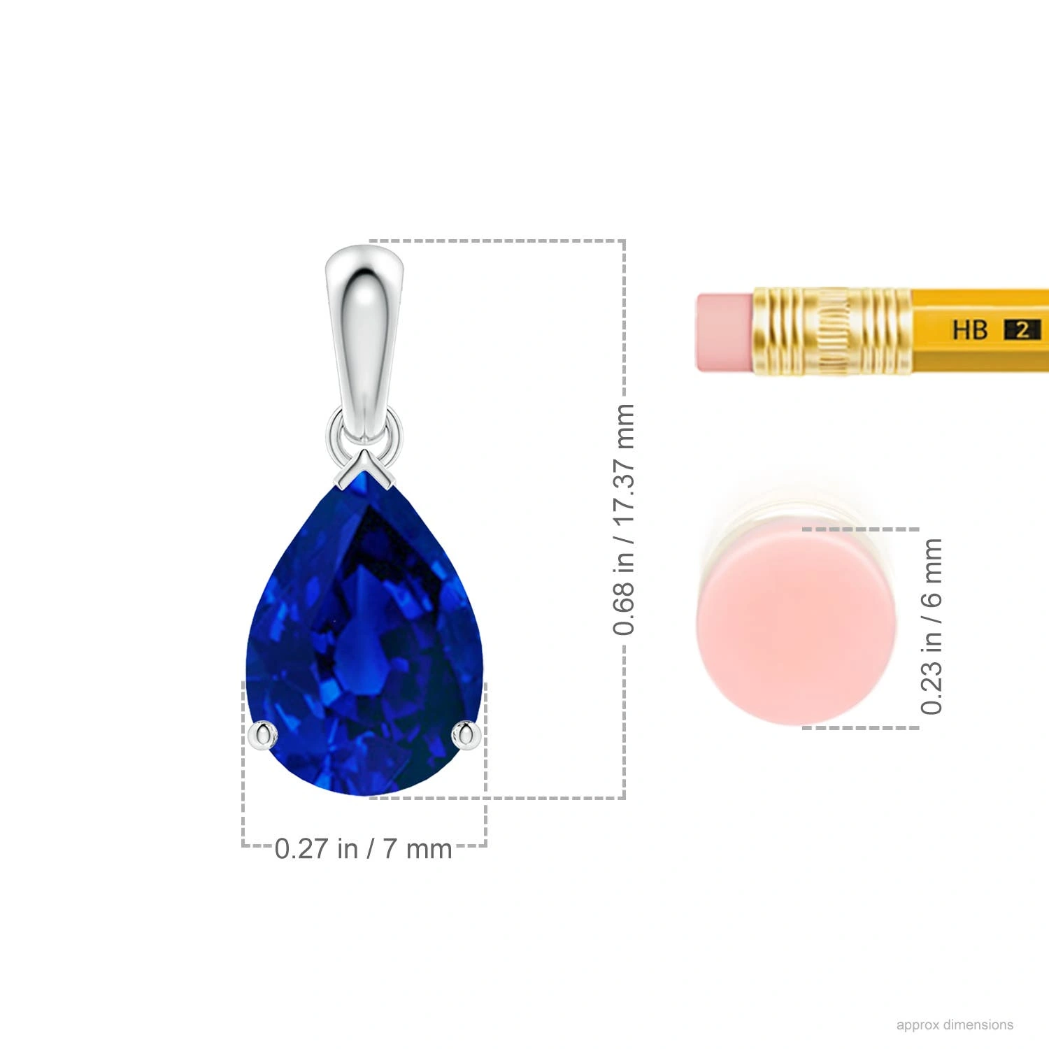Prong-Set Pear Lab-Grown Blue Sapphire Solitaire Pendant dimension