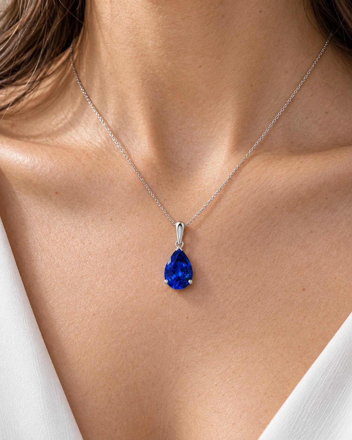Prong-Set Pear Lab-Grown Blue Sapphire Solitaire Pendant model