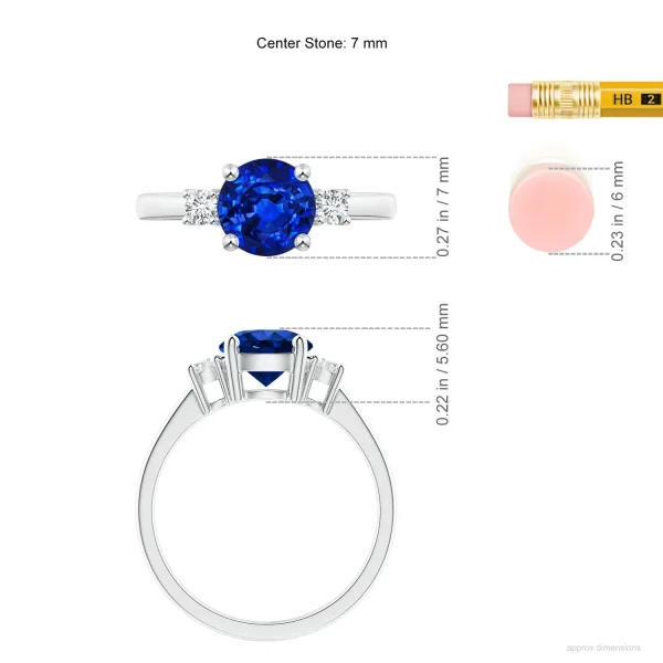Round Lab-Grown Blue Sapphire Three-Stone Prong-Set Ring with Lab-Grown Diamond Accents dimension