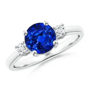 Round Lab-Grown Blue Sapphire Three-Stone Prong-Set Ring with Lab-Grown Diamond Accents