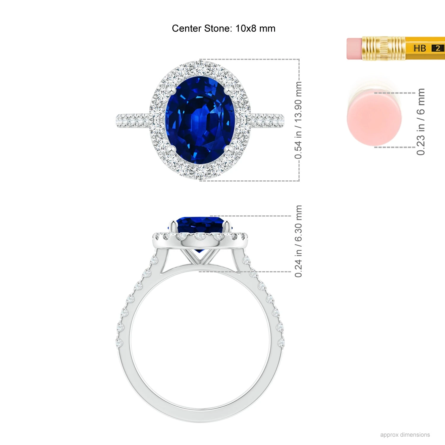 Oval Lab-Grown Blue Sapphire Diamond Halo Engagement Ring dimension