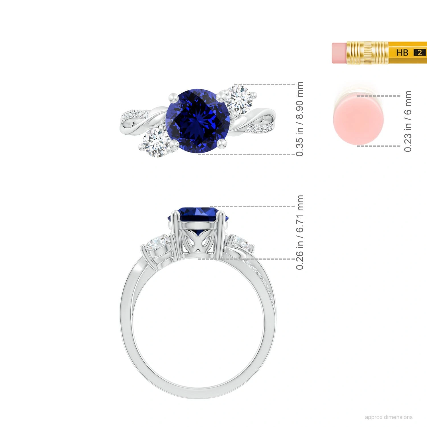 Round Lab-Grown Sapphire Three-Stone Twisted Vine Ring dimension