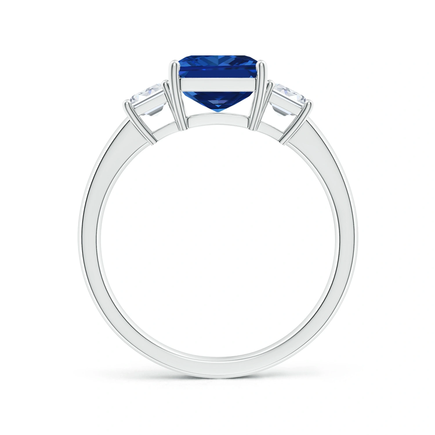 Emerald-Cut Lab-Grown Blue Sapphire Three-Stone Ring detail