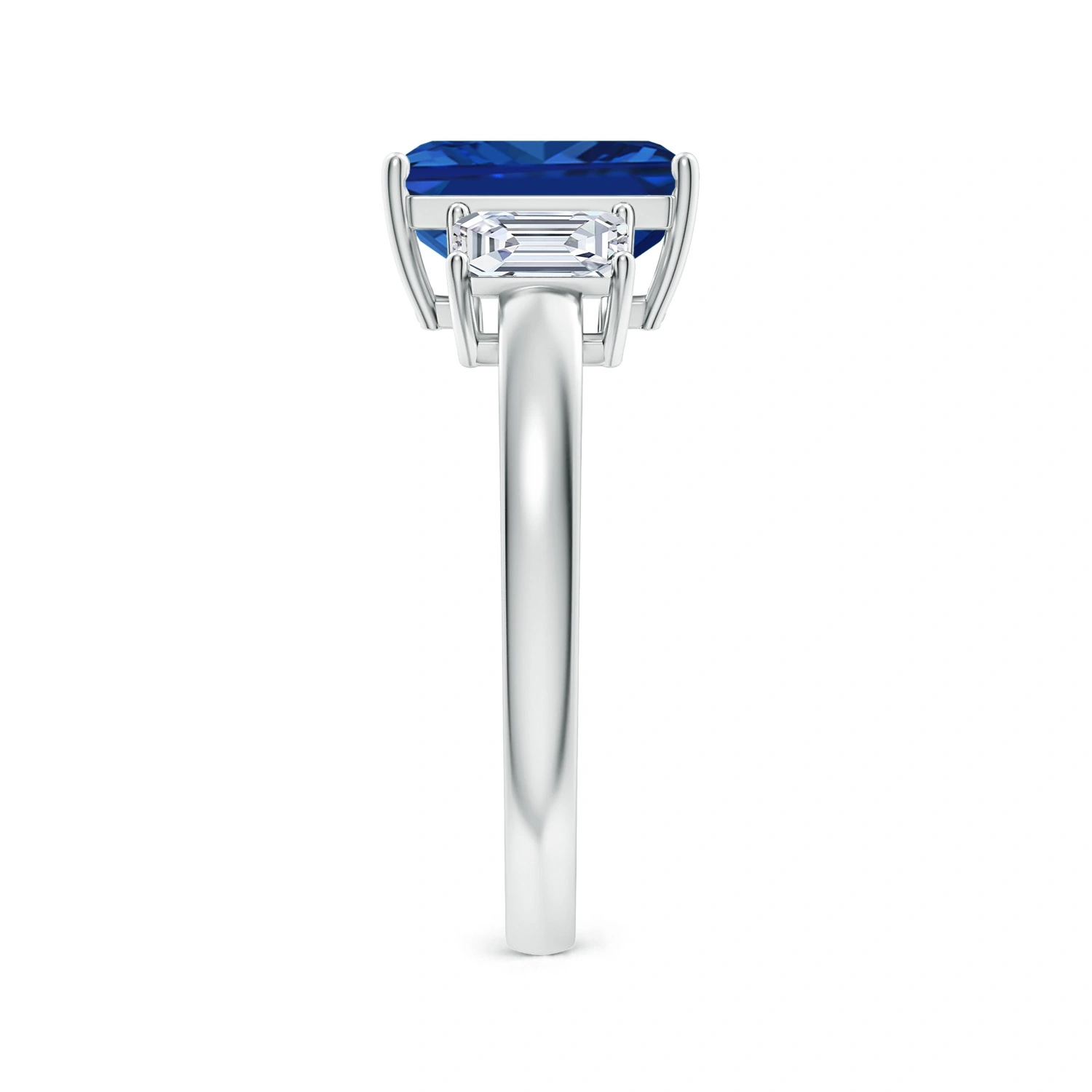 Emerald-Cut Lab-Grown Blue Sapphire Three-Stone Ring detail