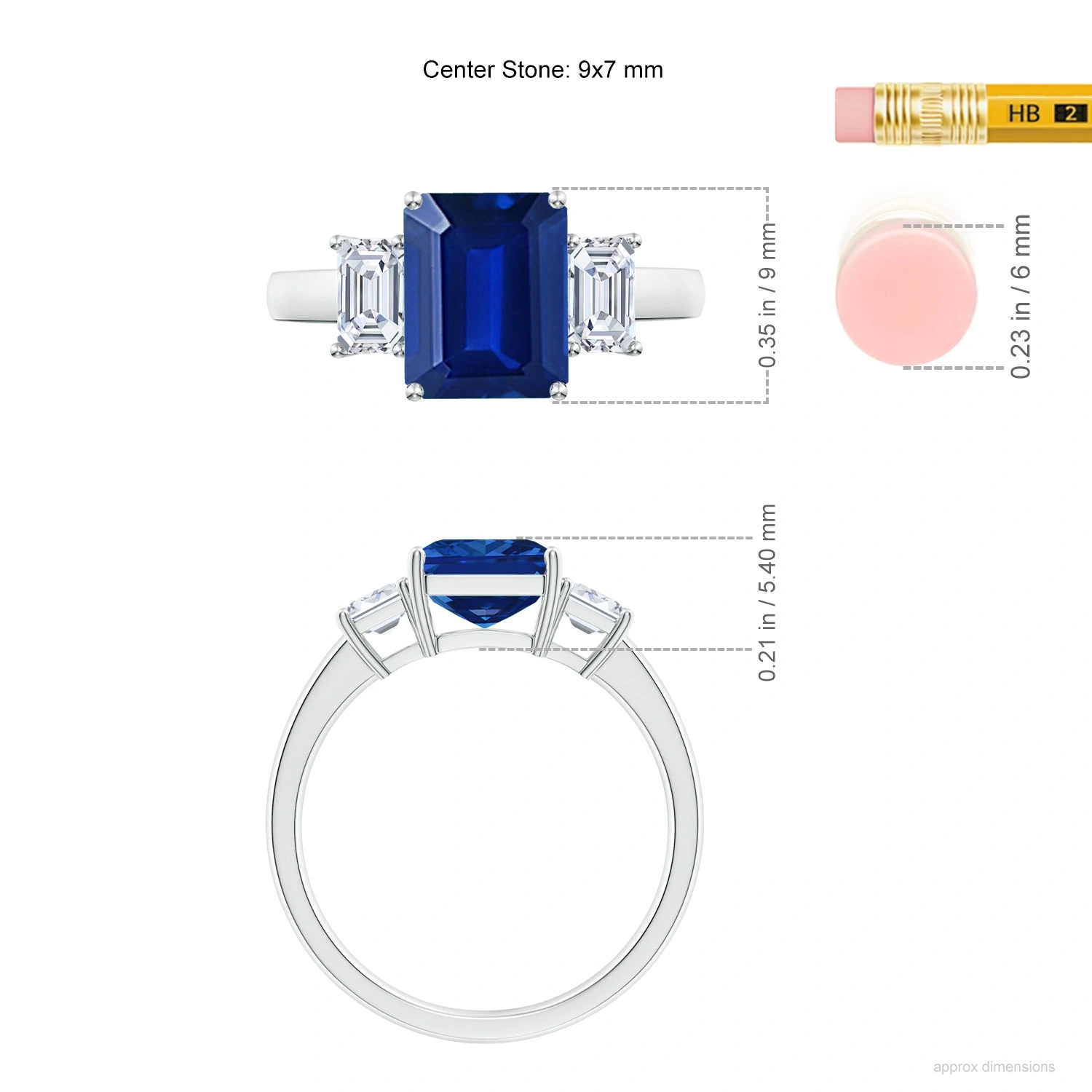 Emerald-Cut Lab-Grown Blue Sapphire Three-Stone Ring dimension