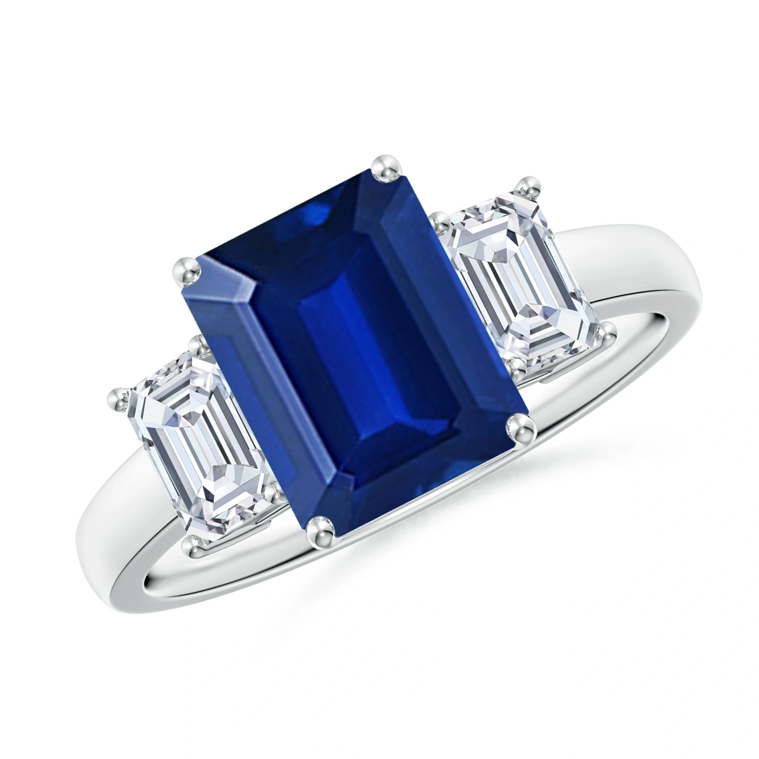 Emerald-Cut Lab-Grown Blue Sapphire Three-Stone Ring