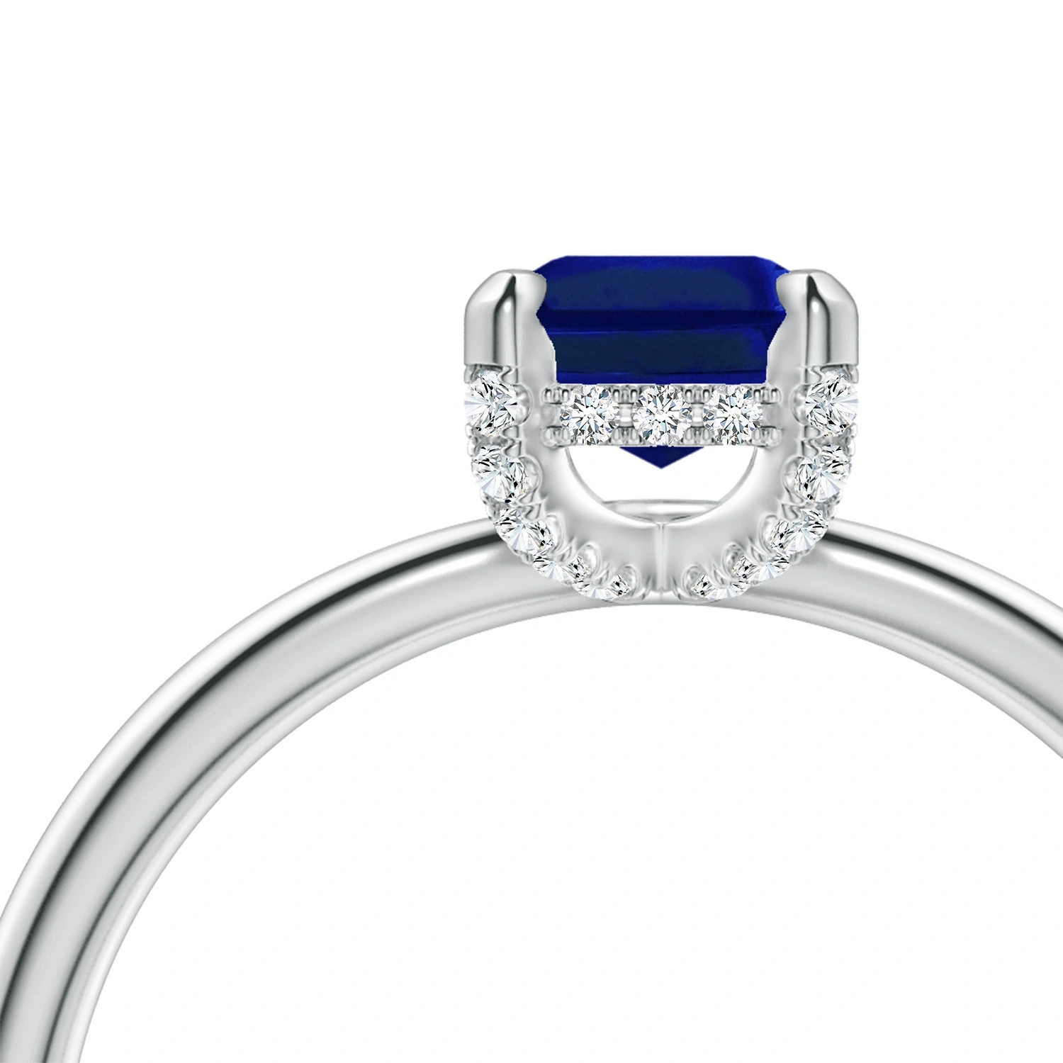 Emerald-Cut Lab-Grown Blue Sapphire Hidden Halo Engagement Ring detail