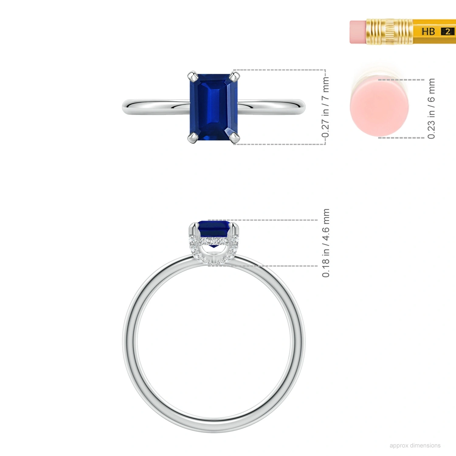 Emerald-Cut Lab-Grown Blue Sapphire Hidden Halo Engagement Ring dimension